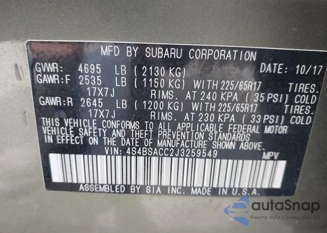 2018 Subaru Outback 2.5I Premium from USA, damaged, VIN 4S4BSACC2J3259549